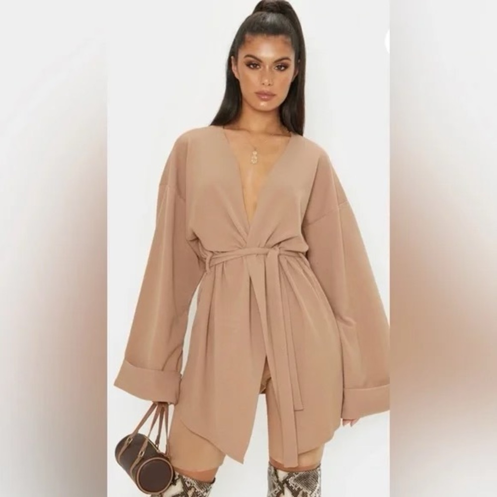 PrettyLittleThing Taupe Kimono Belted Jacket Cardigan Wrap Top NWT